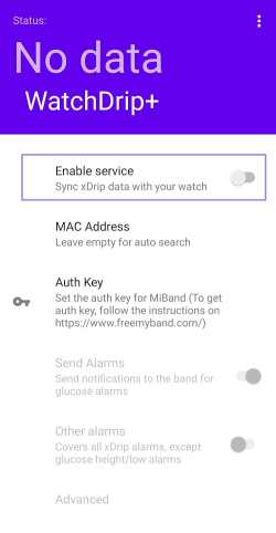 Зображення екрана з повідомленням 'No data' та опціями налаштувань для xDrip+ на смартфоні.