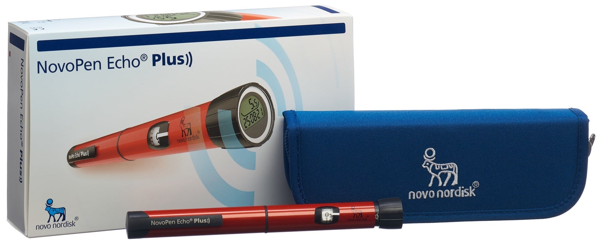 Шприц-ручка NovoPen Echo Plus із цифровим дисплеєм і чохлом для зручності використання.