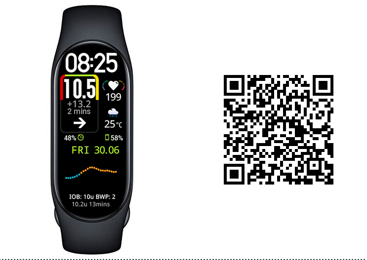 Фітнес-браслет з дисплеєм і QR-кодом поруч, на чорному фоні.