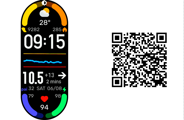 Екран смарт-браслета з показниками здоров'я та QR-код.