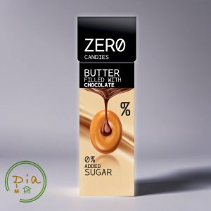 Карамель без цукру з шоколадною начинкою, упаковка Zero Candies Butter Filled with Chocolate, 0% цукру, логотип Diadim зліва.