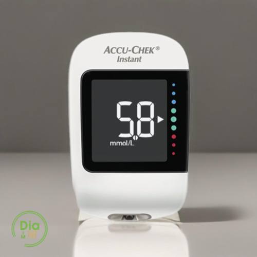 Глюкометр Accu-Chek Instant з дисплеєм, що показує рівень цукру 5.8 ммоль/л.
