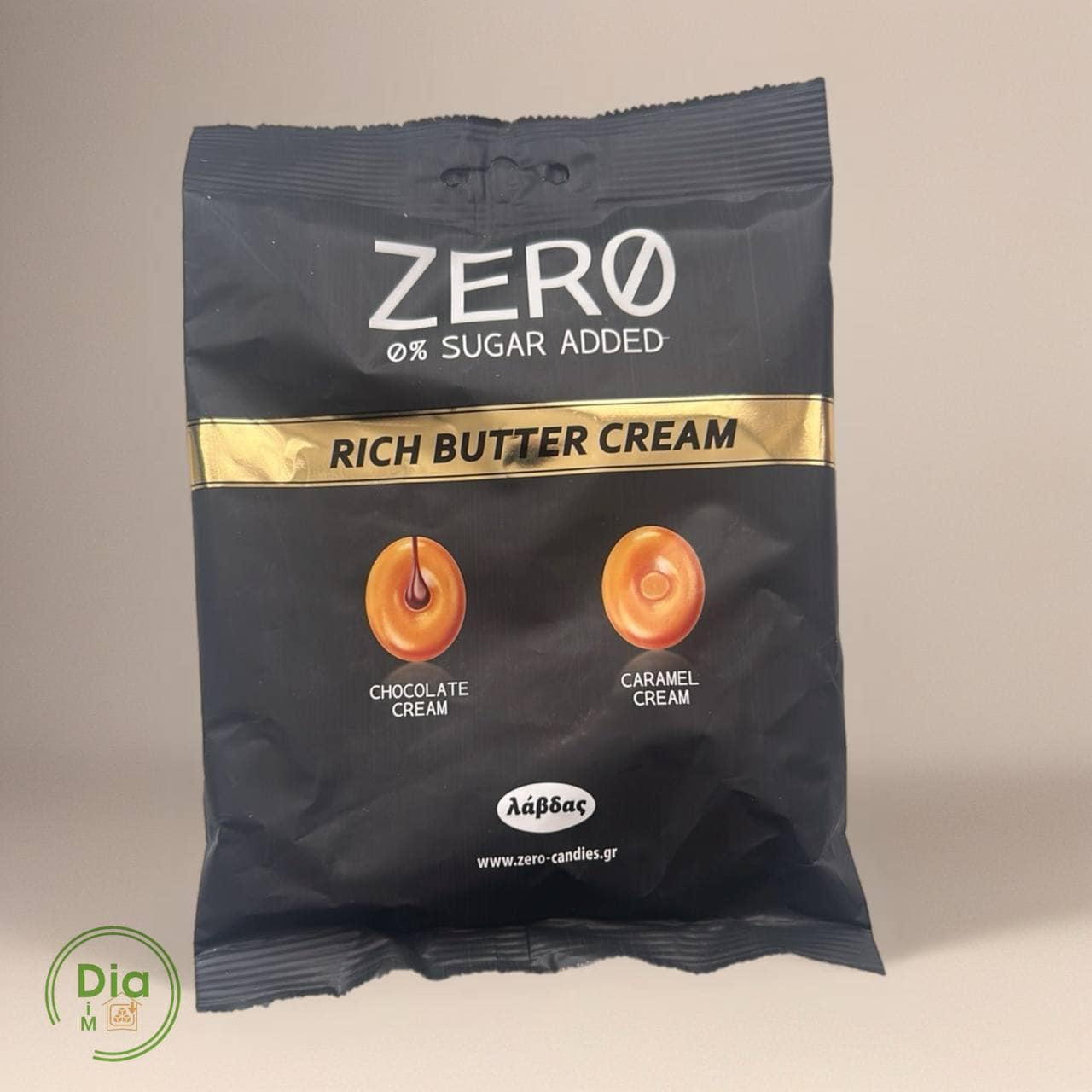 Велика упаковка цукерок ZERO Rich Butter Cream без цукру — зі смаками шоколадного та карамельного крему.