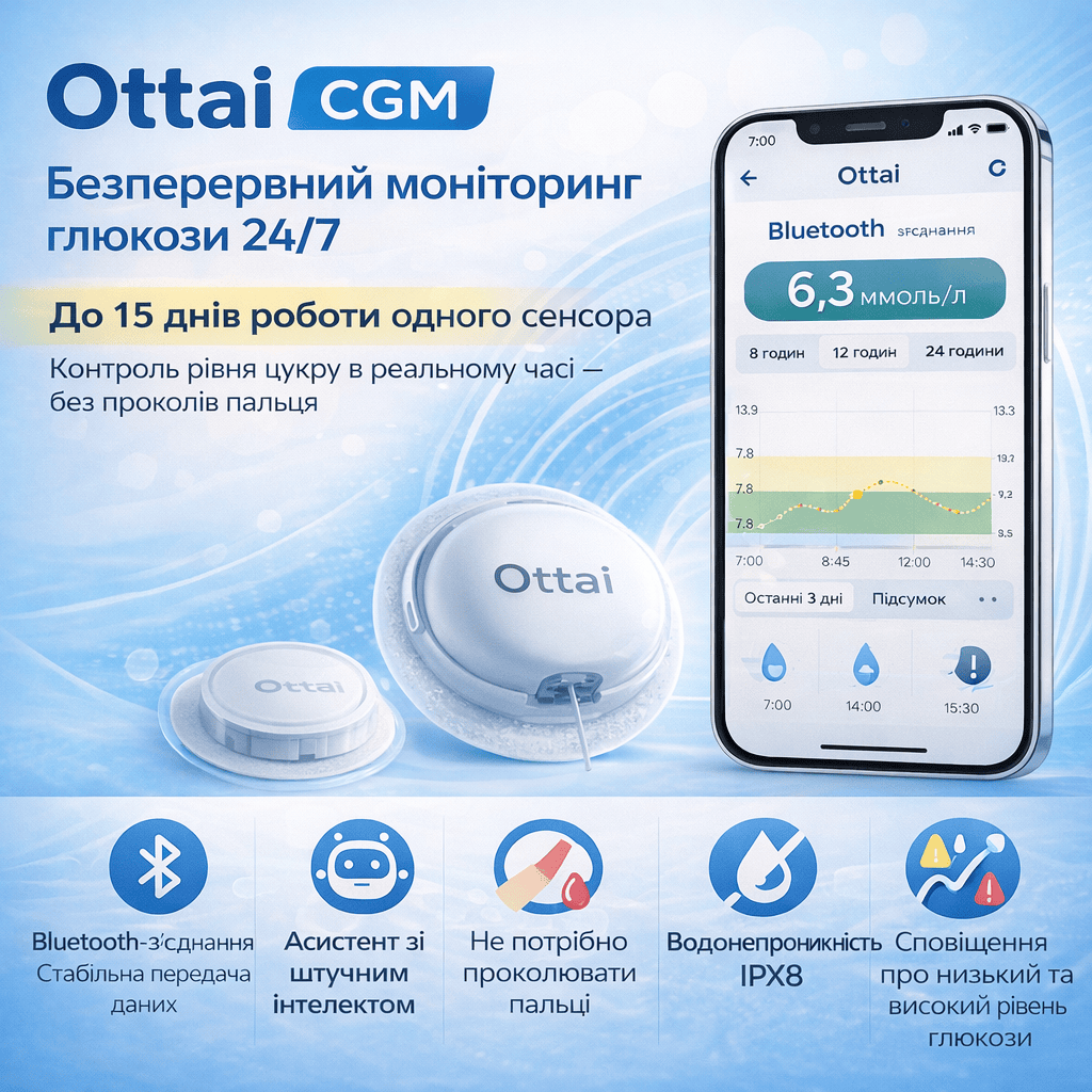 Безперервний моніторинг глюкози Ottai CGM, 24/7.