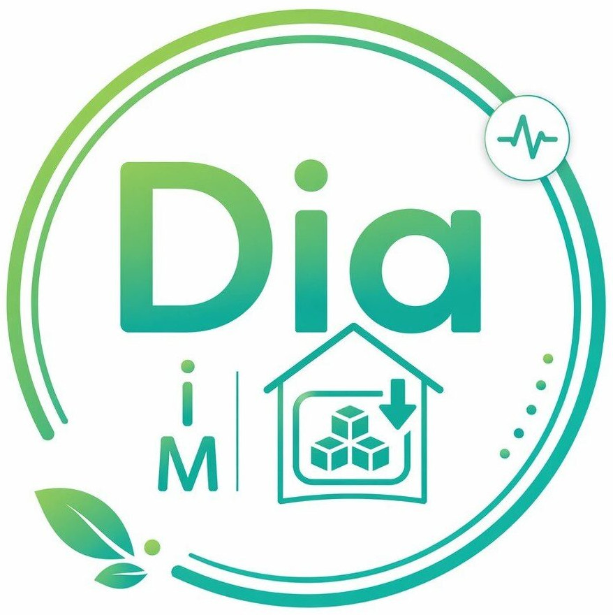 Логотип інтернет-магазину Diadim з зеленими елементами та зображенням дому та цукерки без цукру.