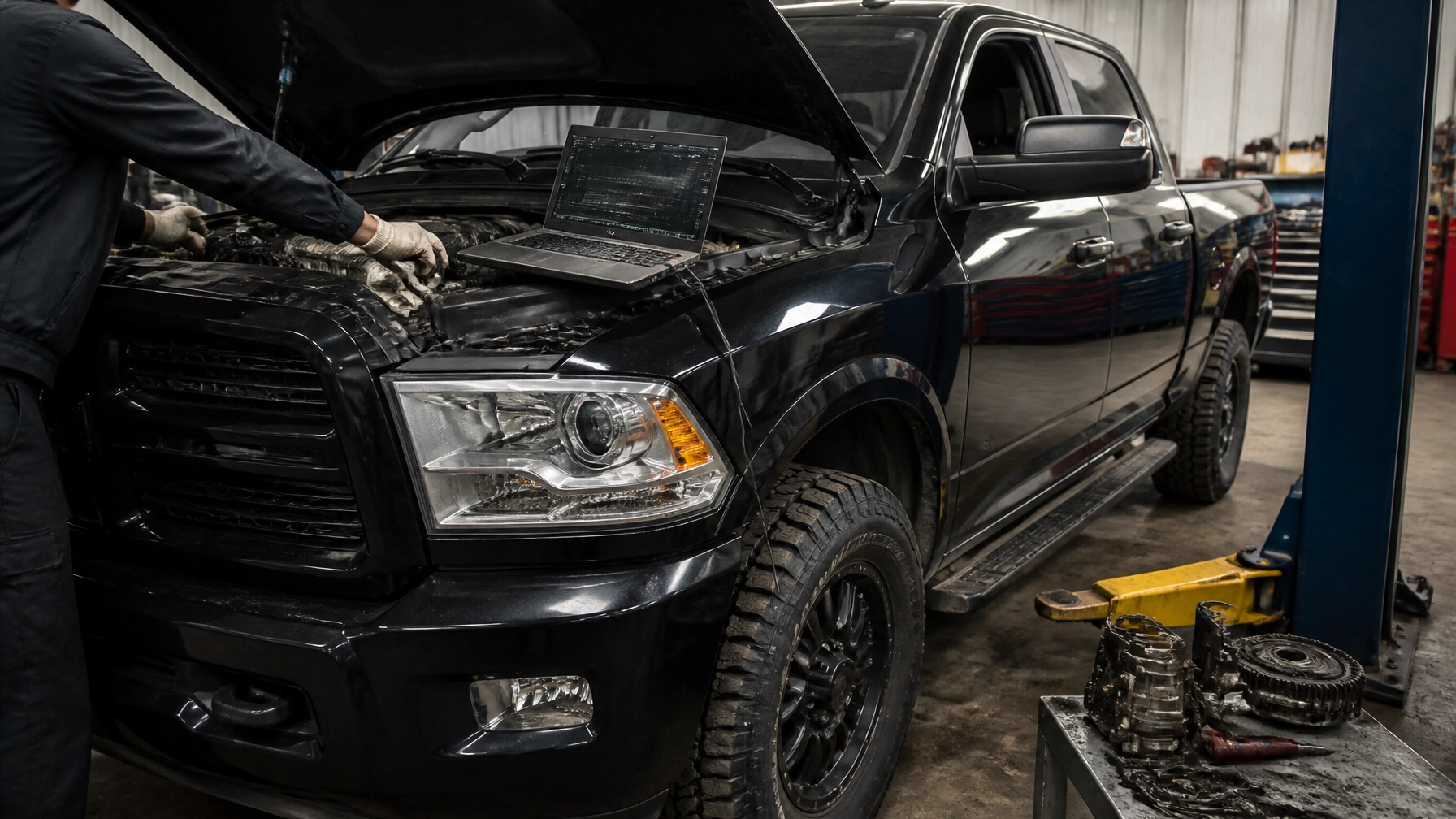 Black pickup truck being serviced at Dirty D’s Performance workshop.