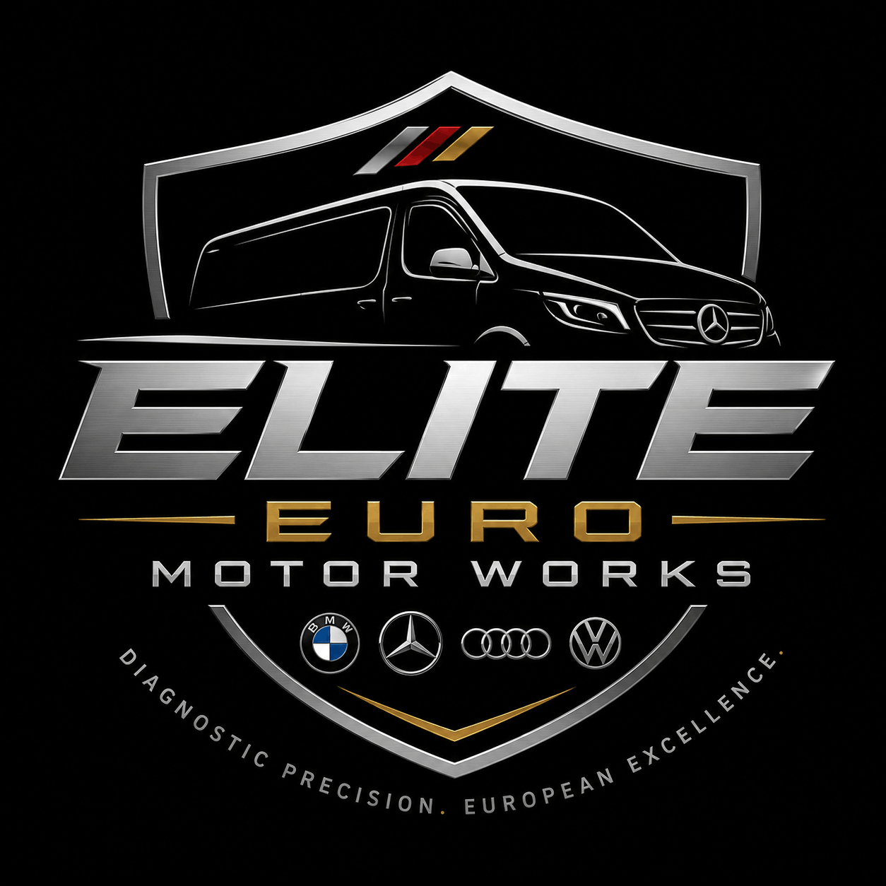 Elite Euro Motorworks logo with Mercedes-Benz, BMW, Audi, VW symbols.