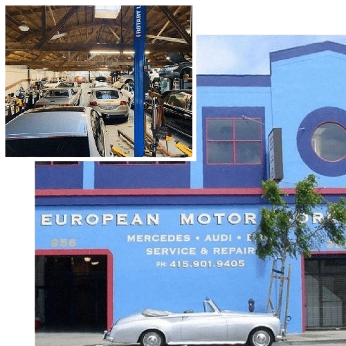 European Auto Service & Repair Shop in a vibrant blue building with classic cars outside.