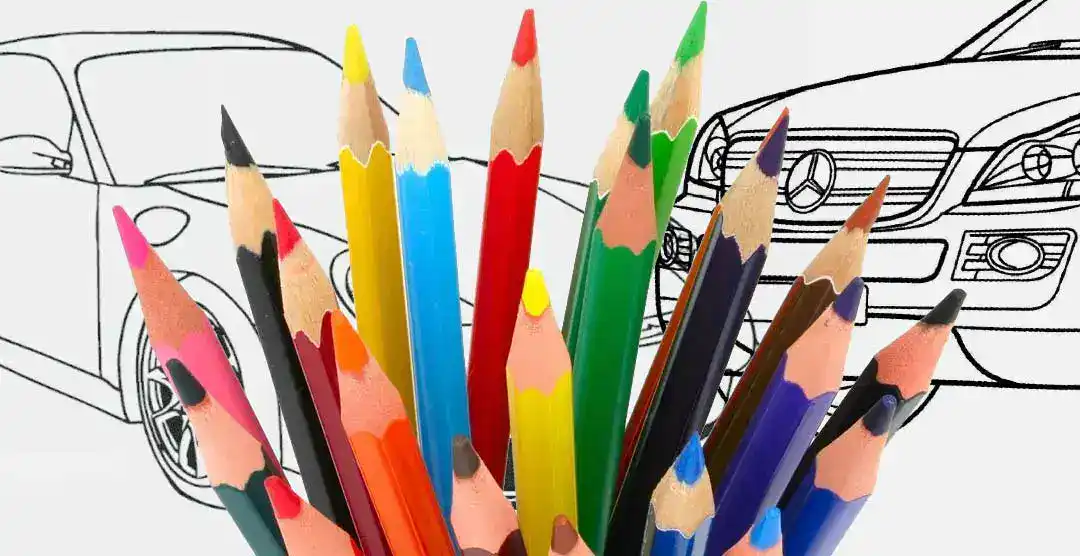 Coloring pencils and car sketches for kids' coloring contest.