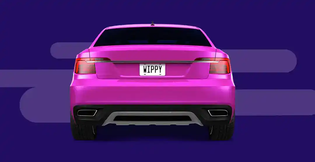 Pink car with Wippy license plate for car upgrades and repairs.
