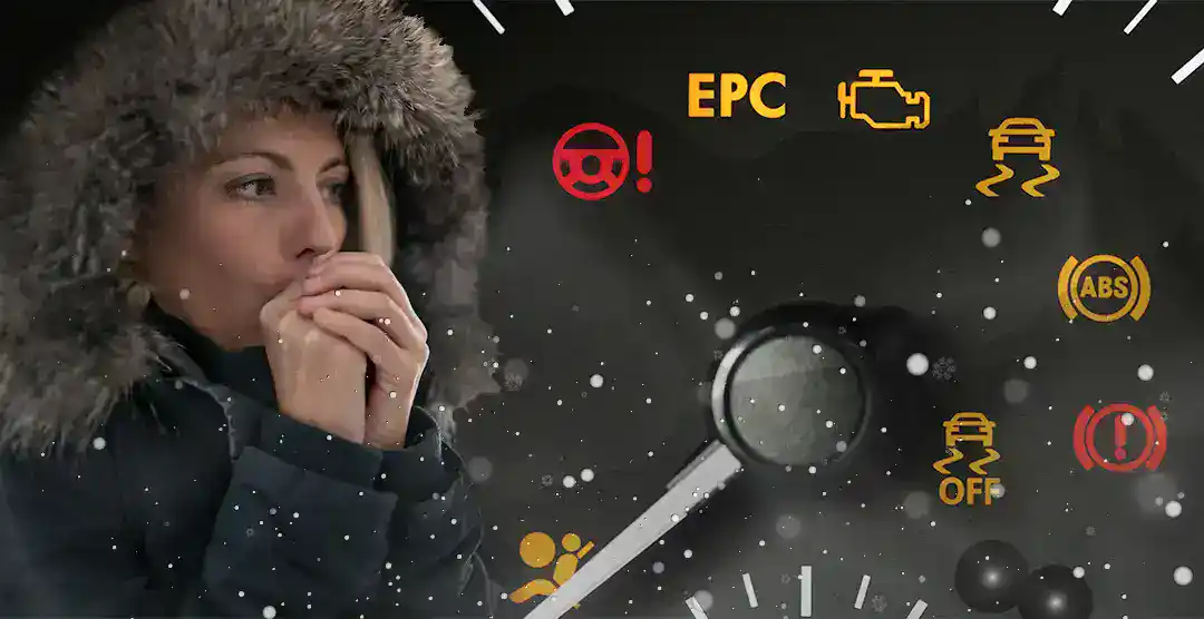 Woman in winter coat with dashboard warning lights in snow.