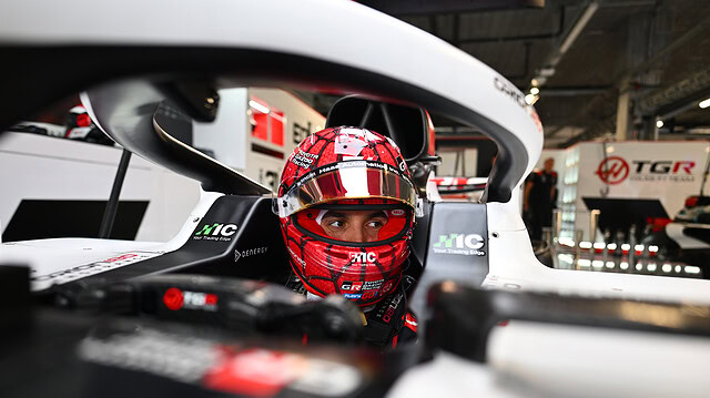 Esteban Ocon in the Haas cockpit during a seat fit