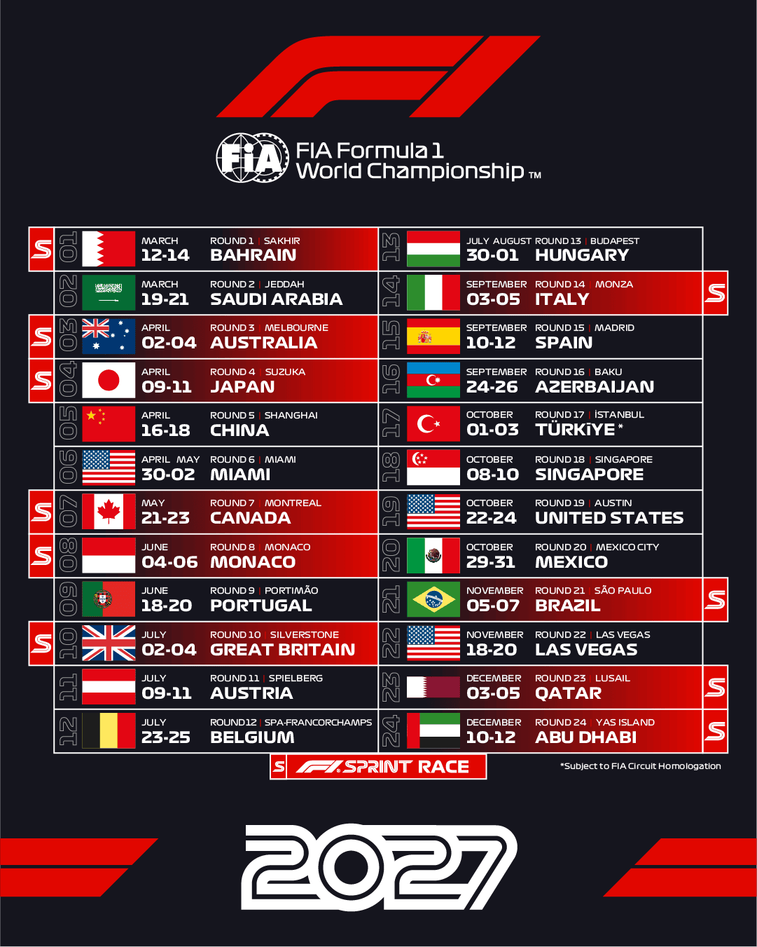 2027 Formula 1 Calendar