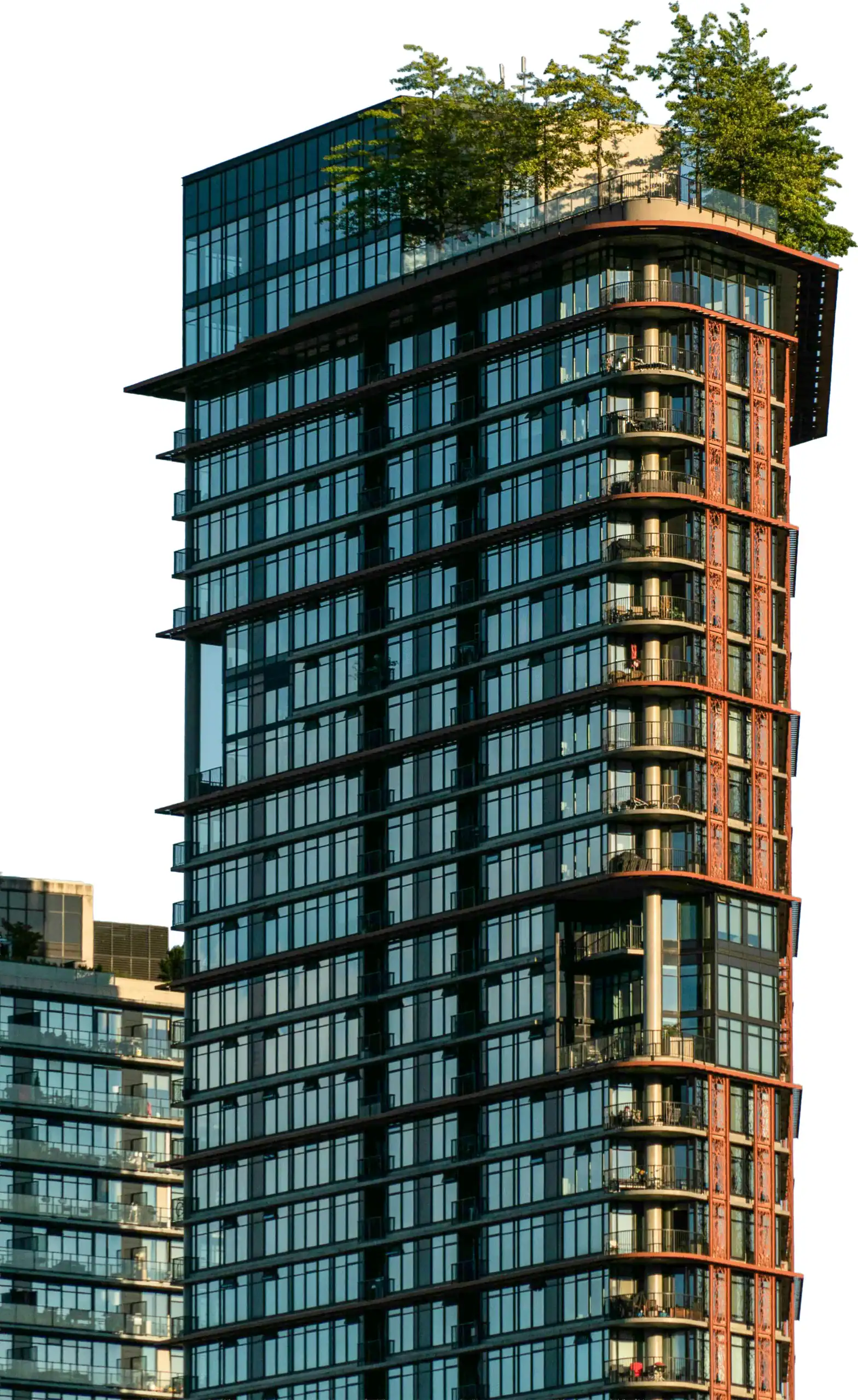 Tall glass apartment skyscraper with balconies and rooftop garden in a cityscape.