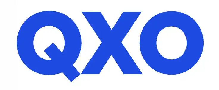 Bold blue QXO logo with modern typography on a white background.