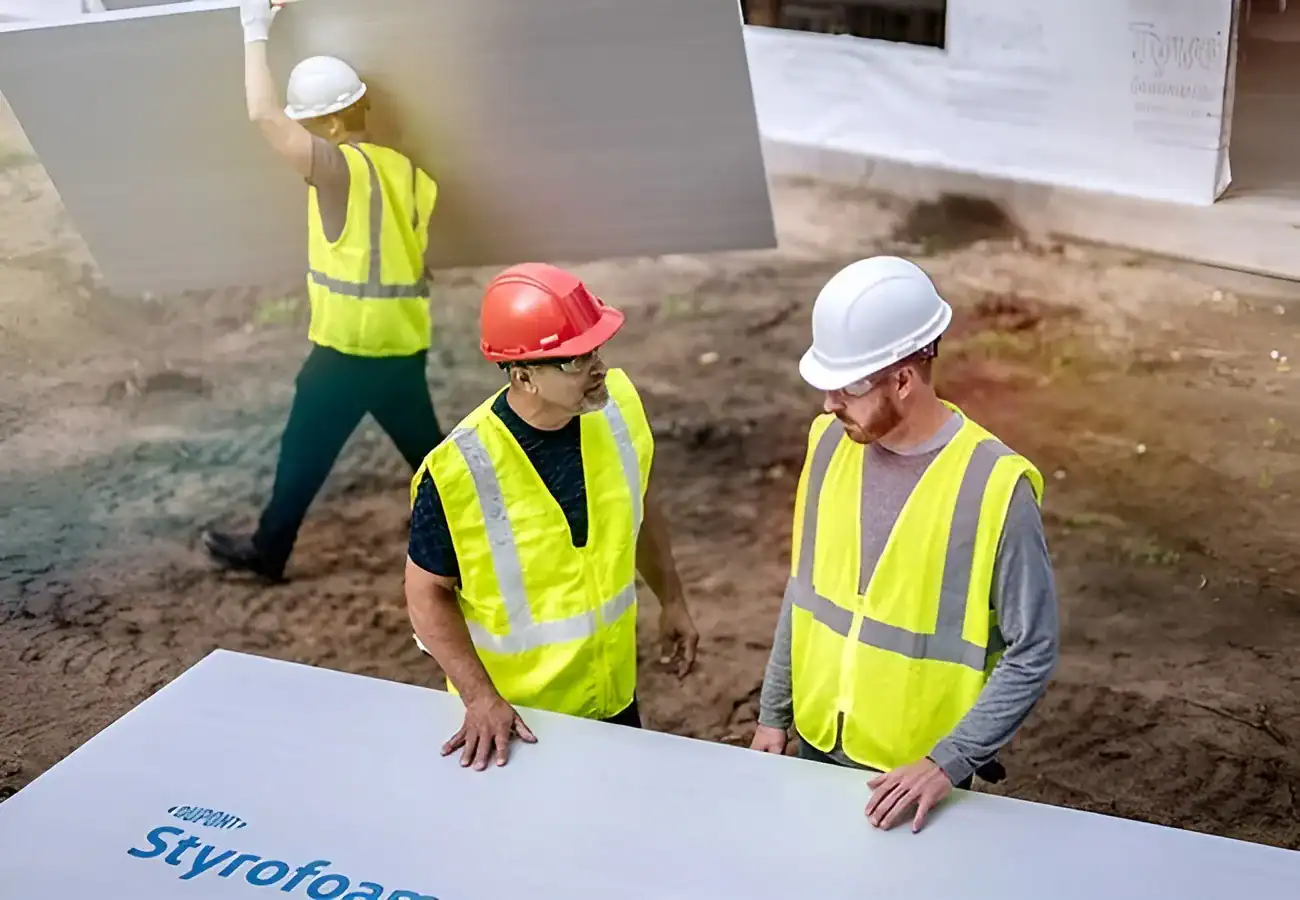 Workers at construction site discussing project details with safety gear.
