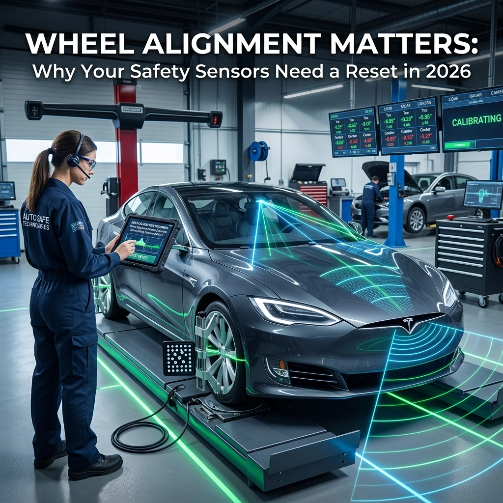 Advanced wheel alignment service at HeVtech with safety sensors calibration.