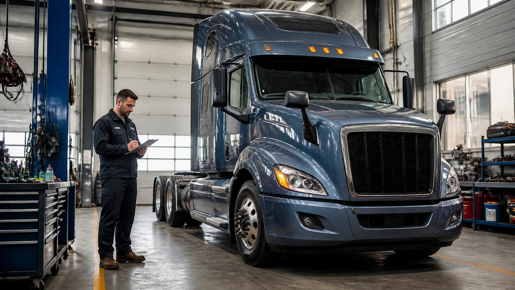 Technician inspecting a large semi-truck at HeVtech repair shop.