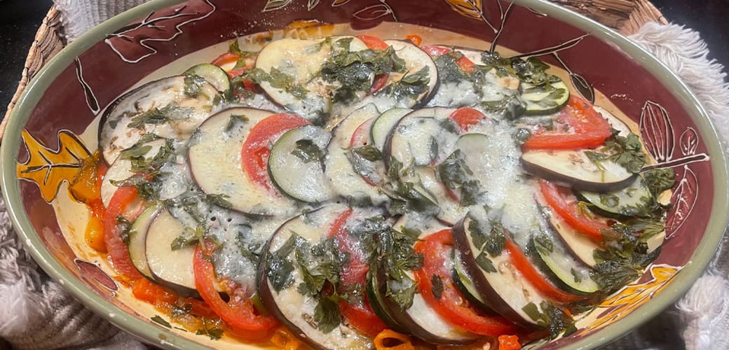 zucchini, egglplant, tomato gratin