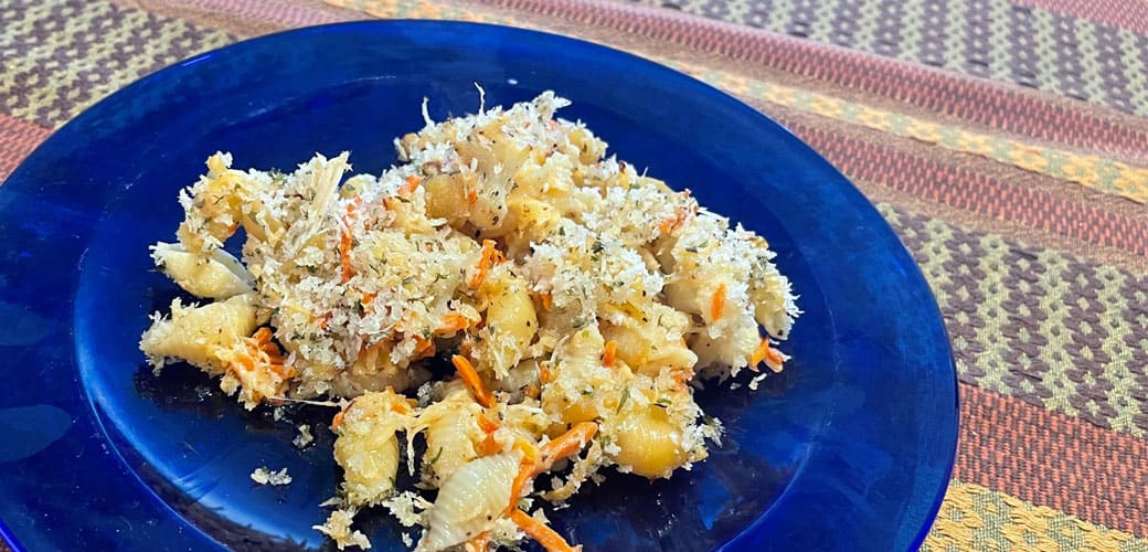baked shells and cauliflower