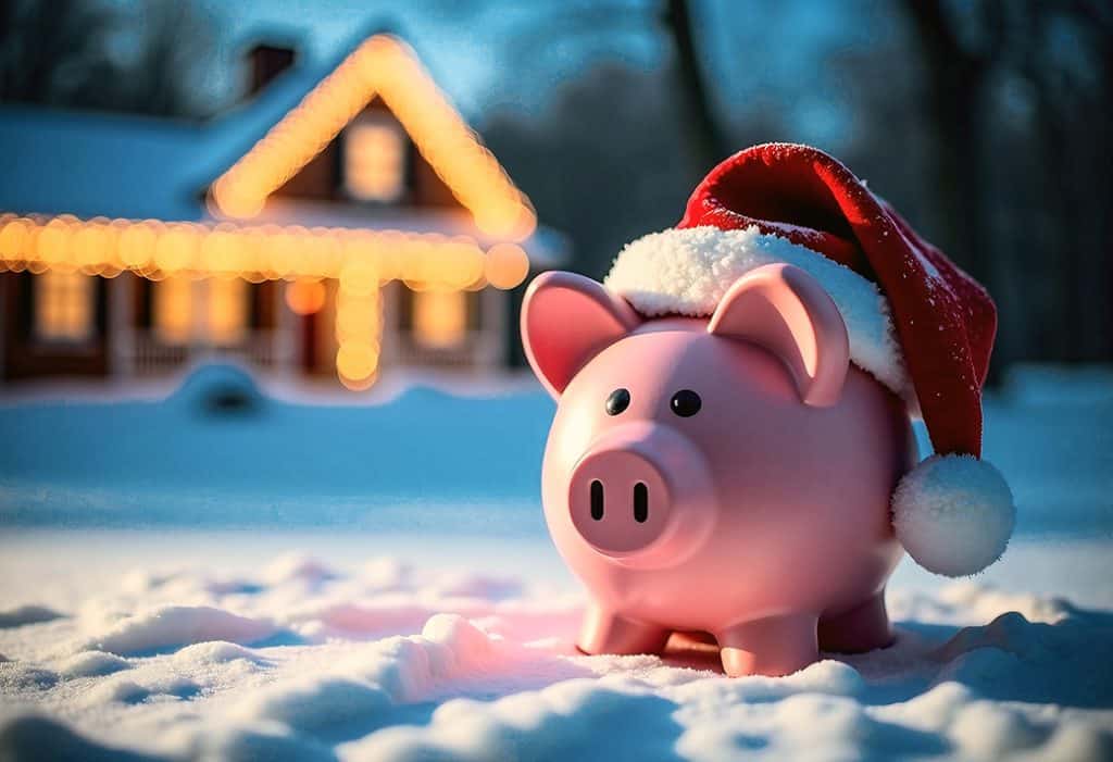 Pink Piggy Bank In Santa Klaus Hat With Gifts On Table Top, Living Room Of House At Background With Blurred Christmas Eve And Lights. Holiday Card Concept, Place For Text.