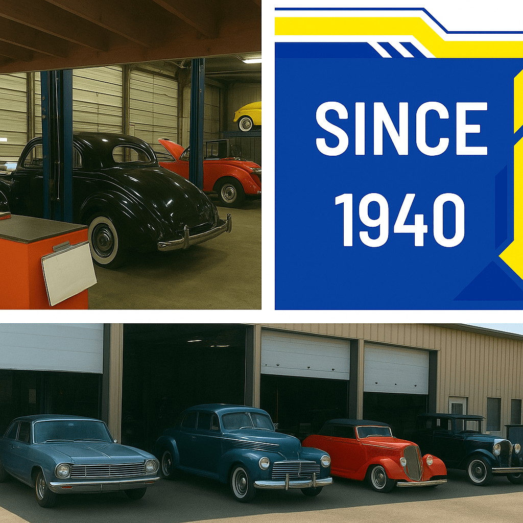 Vintage cars inside a well-preserved garage.