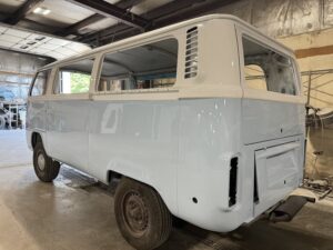 Vintage van being restored at John's Automotive shop.