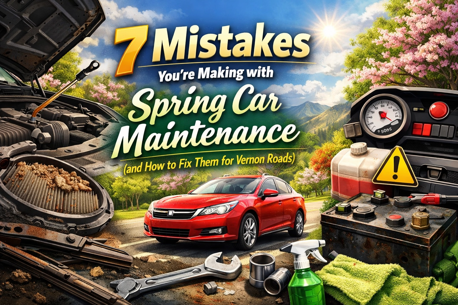 Car undergoing spring maintenance with tools and engine parts outdoors.