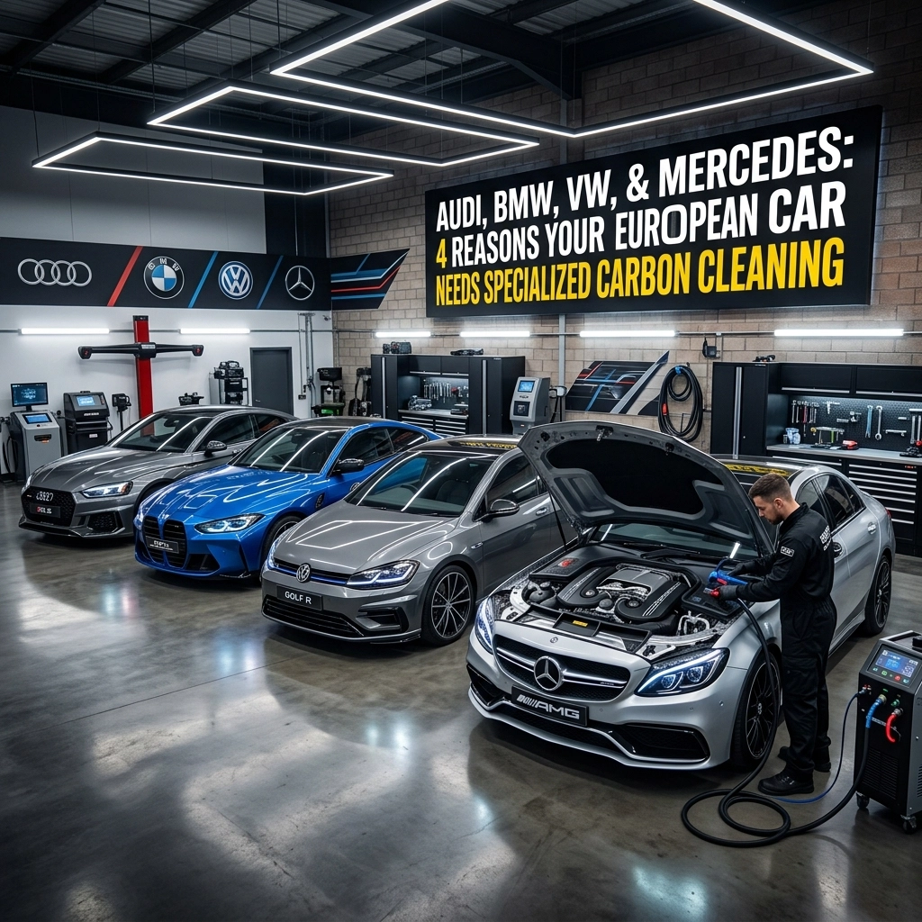Modern auto shop with Mercedes, BMW, Audi, VW cars being serviced for carbon cleaning.
