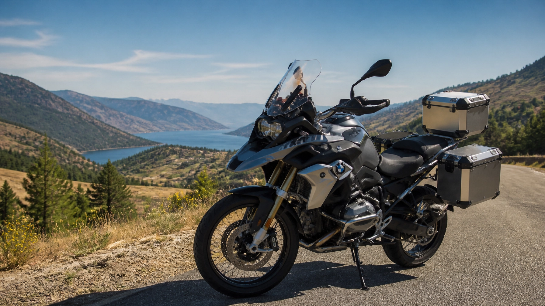 Motorcycle touring bike with luggage on mountain road overlooking a lake and mountains.
