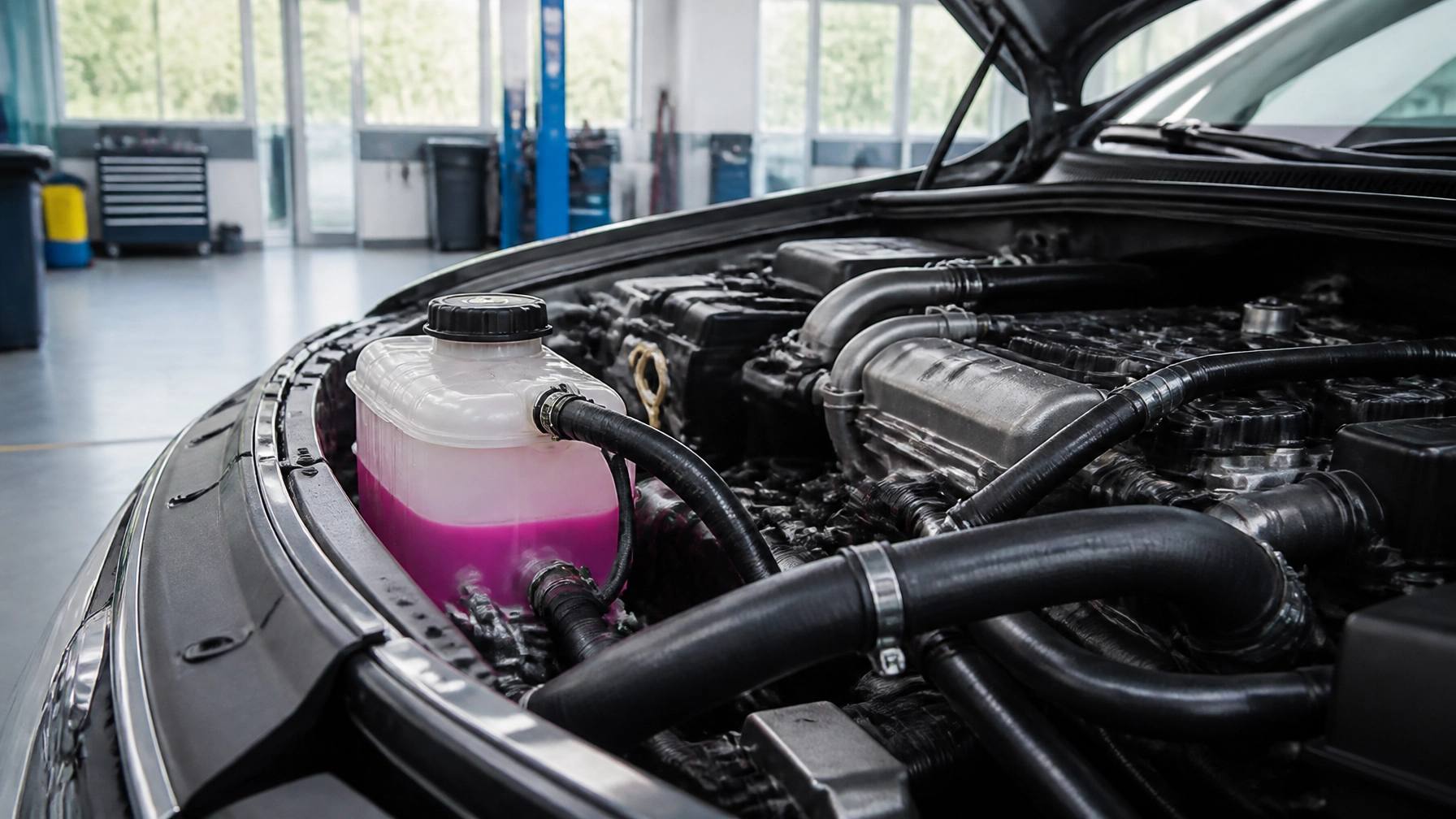 Close-up of car engine with maintenance tools at L Stop Auto.