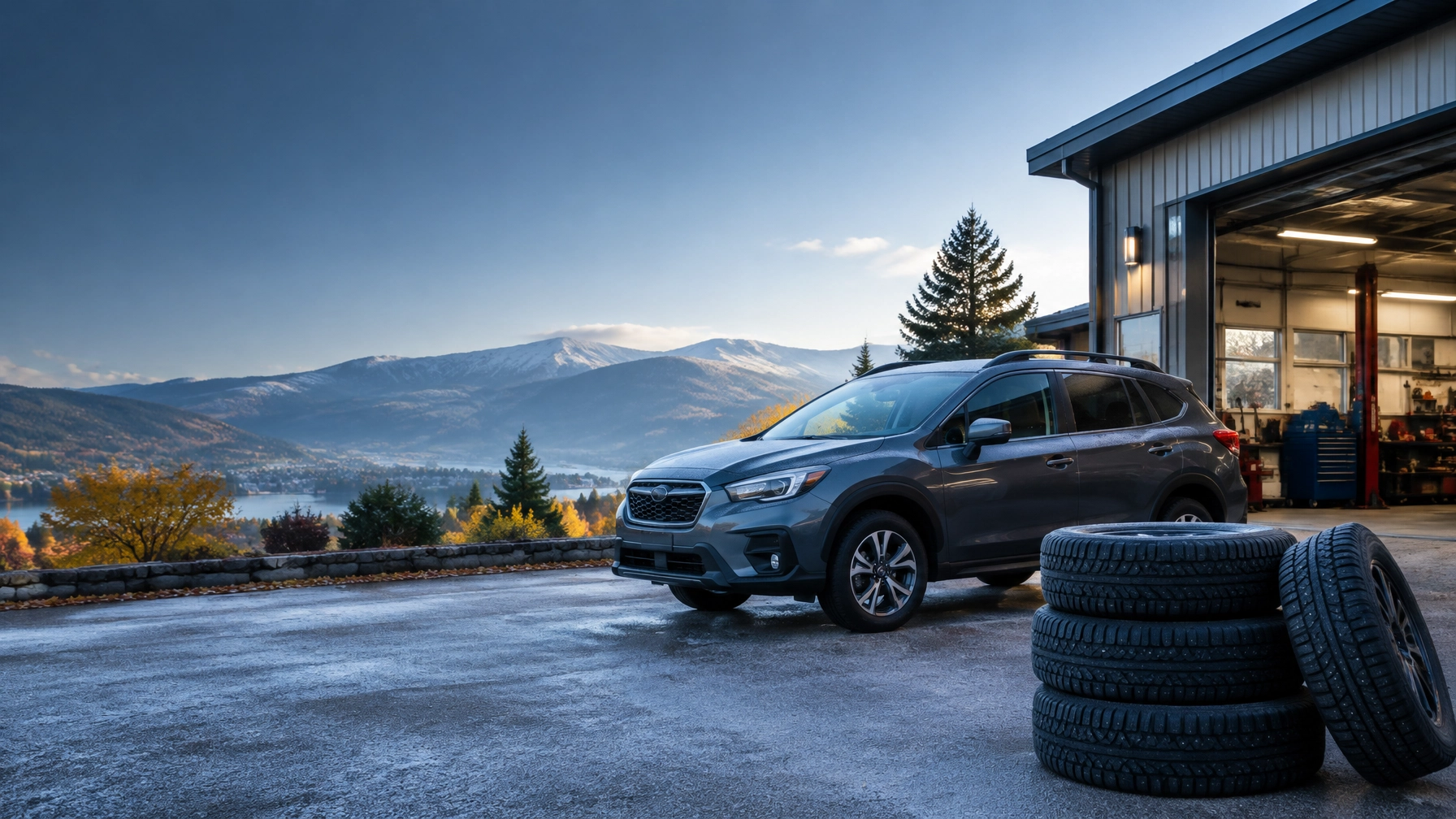 L Stop Auto service center with a car and mountain background in Ontario.