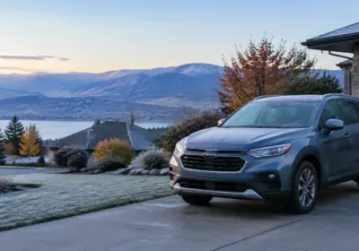 Sleek gray SUV parked outside with mountain and lake background.