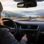 Woman driving car through scenic mountain landscape with lake and mountains in background.