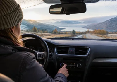 Woman driving car through scenic mountain landscape with lake and mountains in background.