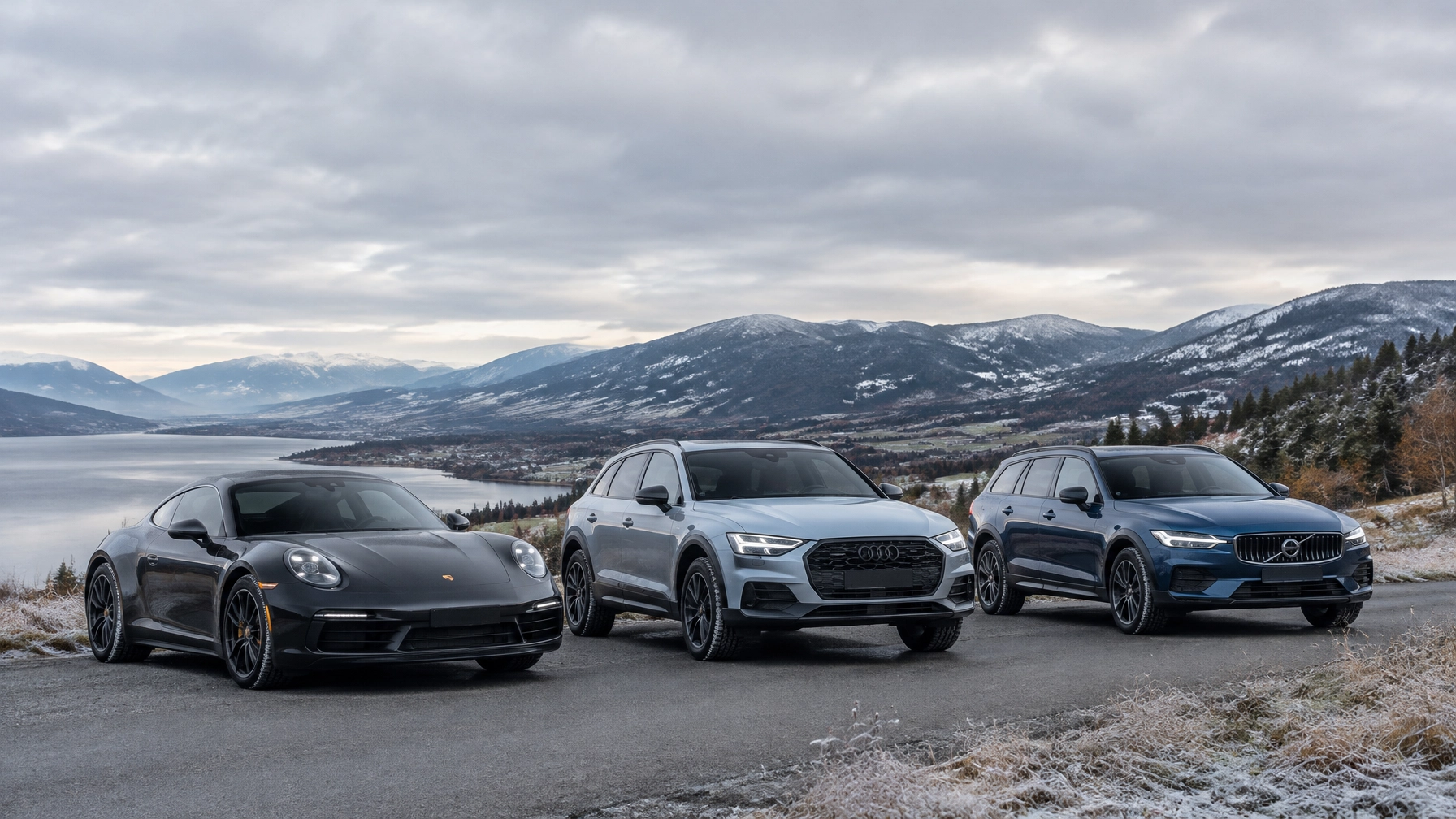 Three luxury cars parked on mountain road with scenic background.