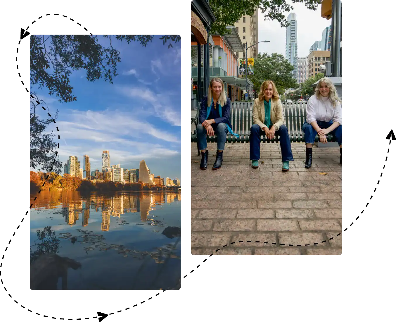 City skyline reflecting on water with sunset sky, urban marketing and branding scene with professionals sitting on park bench, marketing agency team outdoor portrait.
