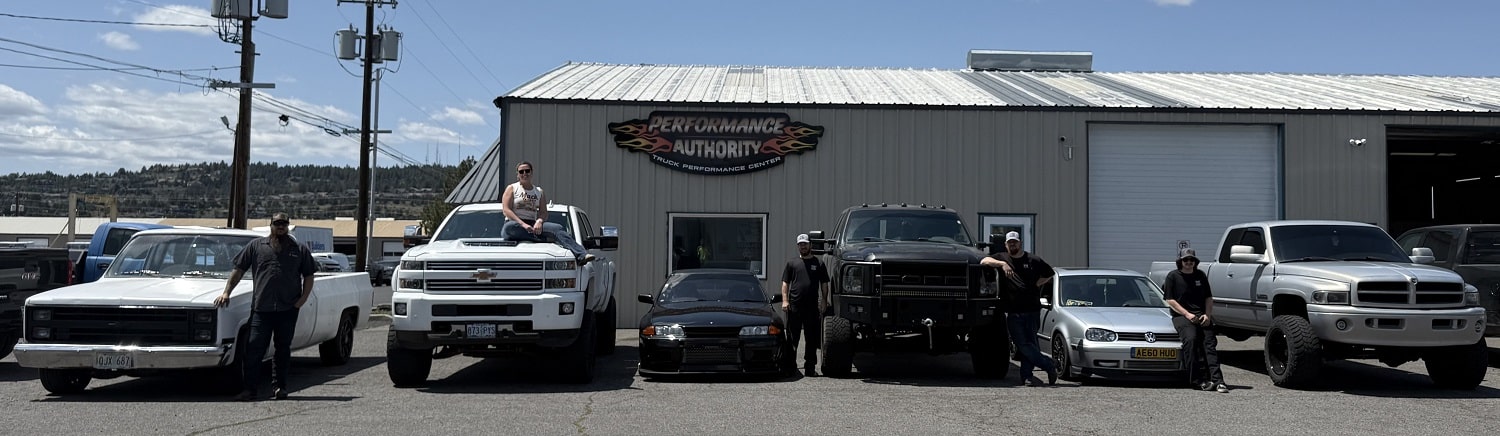 Performance Authority vehicles lineup with trucks and SUVs in Bend, Oregon.