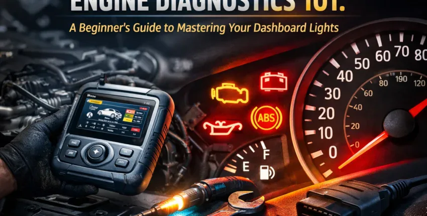 Car dashboard with diagnostic tools and warning lights, including check engine and ABS indicators.