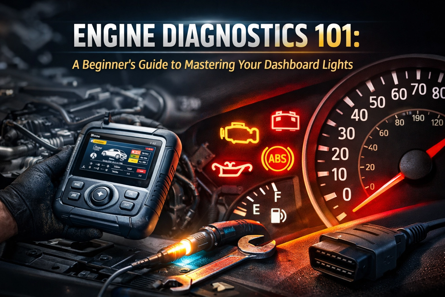 Car dashboard with diagnostic tools and warning lights, including check engine and ABS indicators.