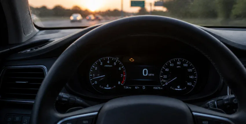 Dashboard view of a modern car with digital speedometer and warning lights at sunset.