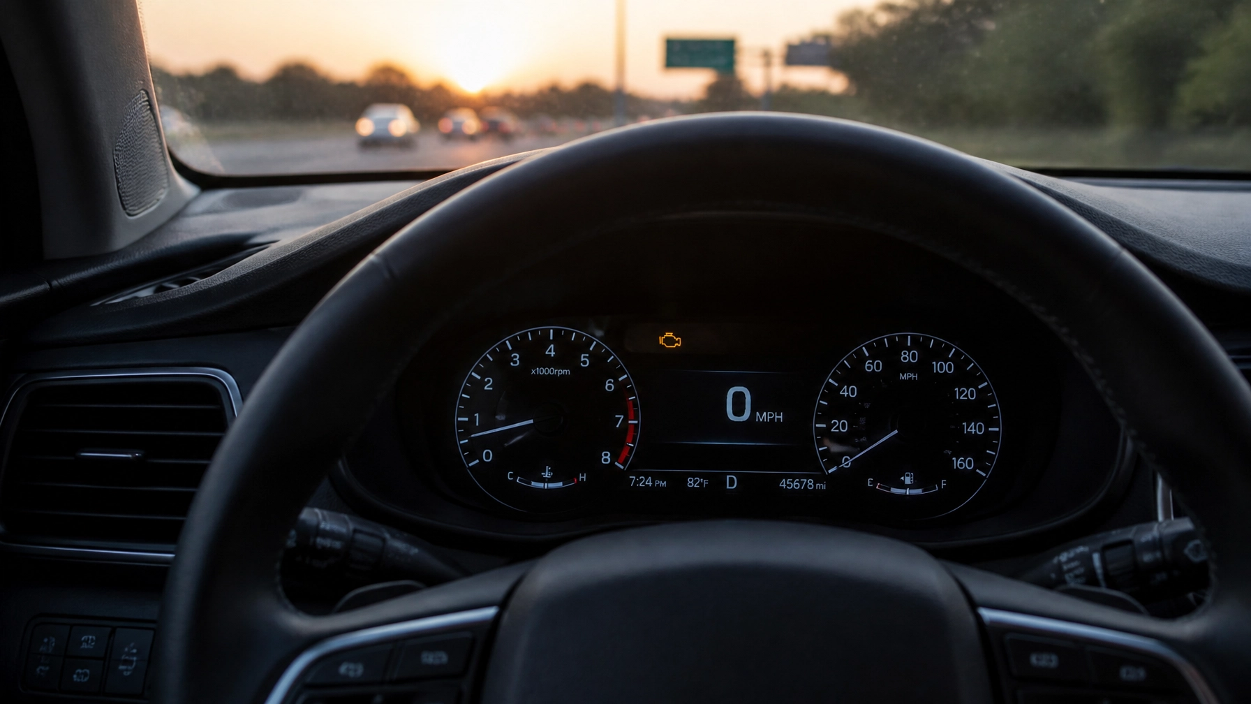 Dashboard view of a modern car with digital speedometer and warning lights at sunset.