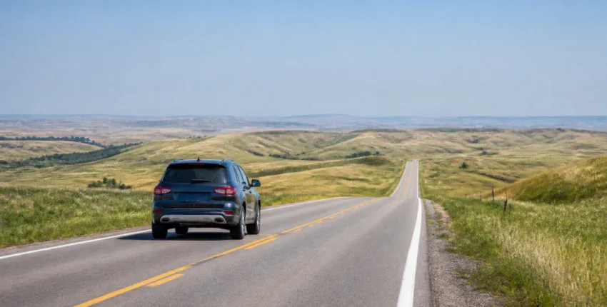 Black SUV driving on open road through rolling hills in scenic landscape.