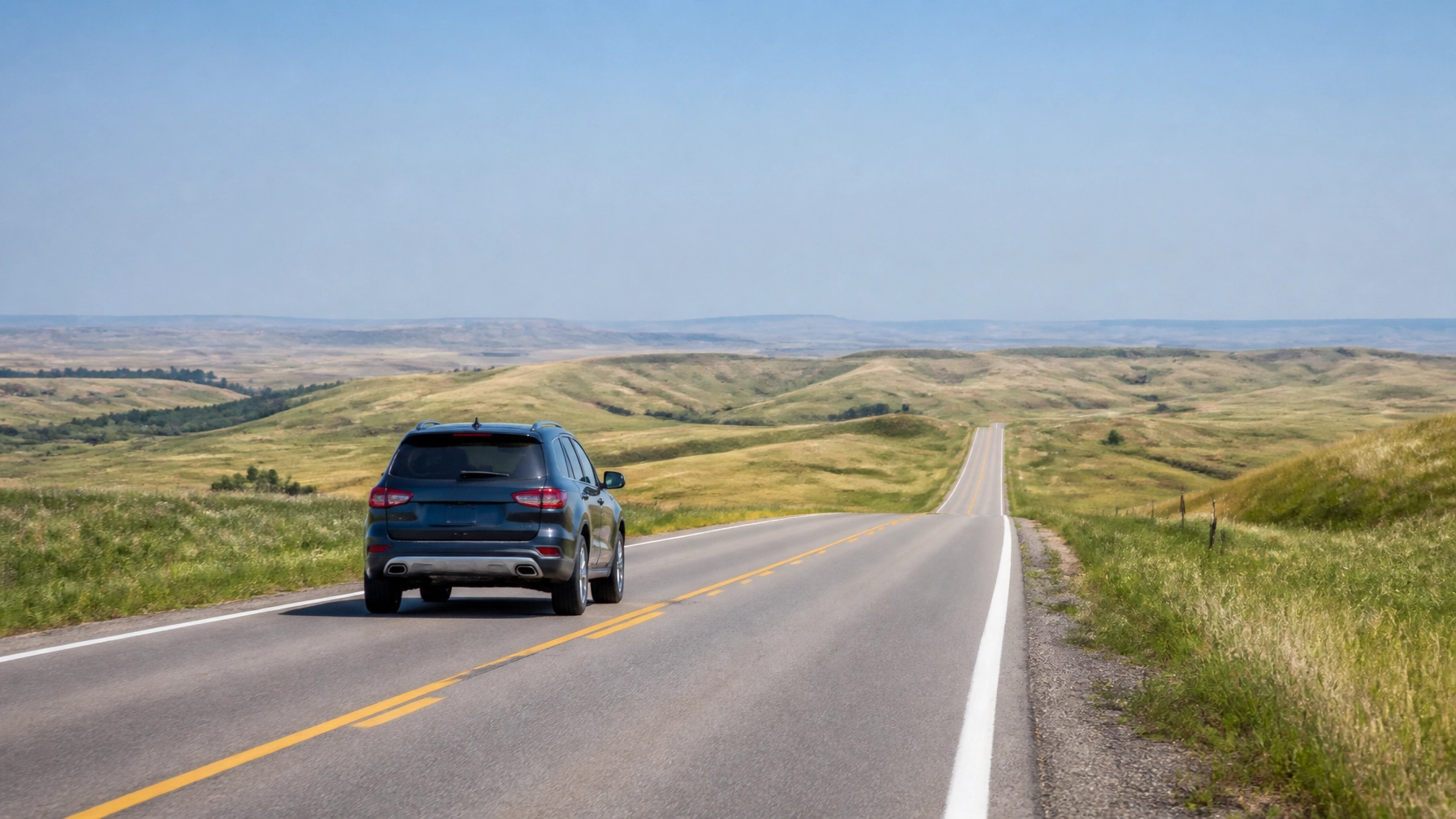 Black SUV driving on open road through rolling hills in scenic landscape.
