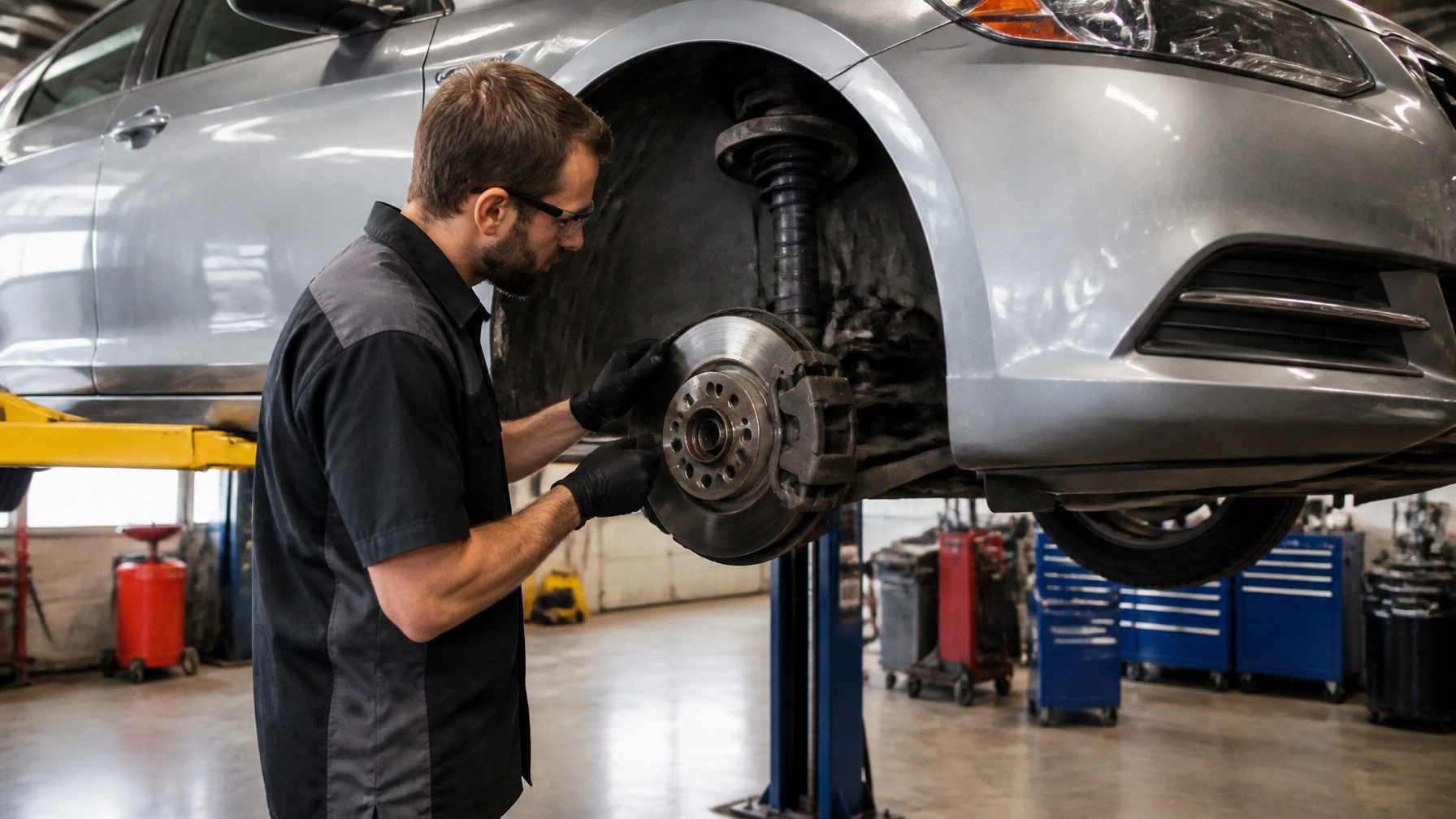 Auto mechanic inspecting car brake system at Premium Auto Repair Inc.