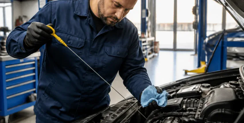 Auto mechanic inspecting engine at Premium Auto Repair Inc workshop.