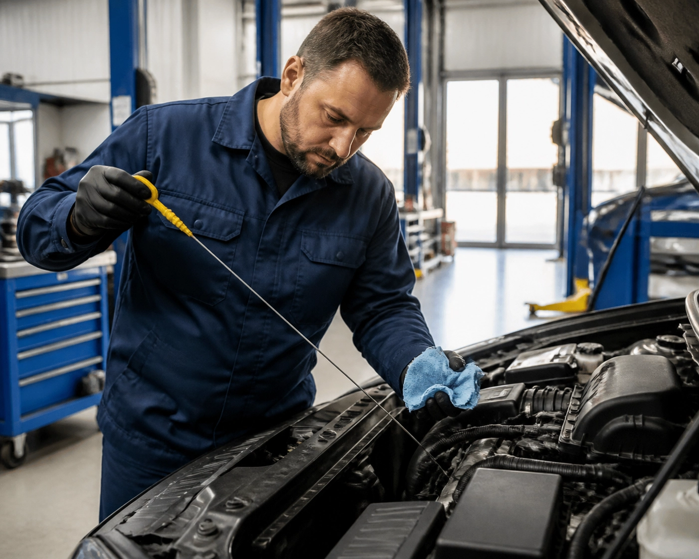 Auto mechanic inspecting engine at Premium Auto Repair Inc workshop.
