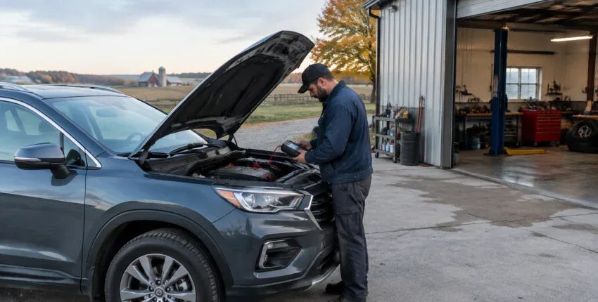 Technician inspecting a car engine at Premium Auto Repair Inc.