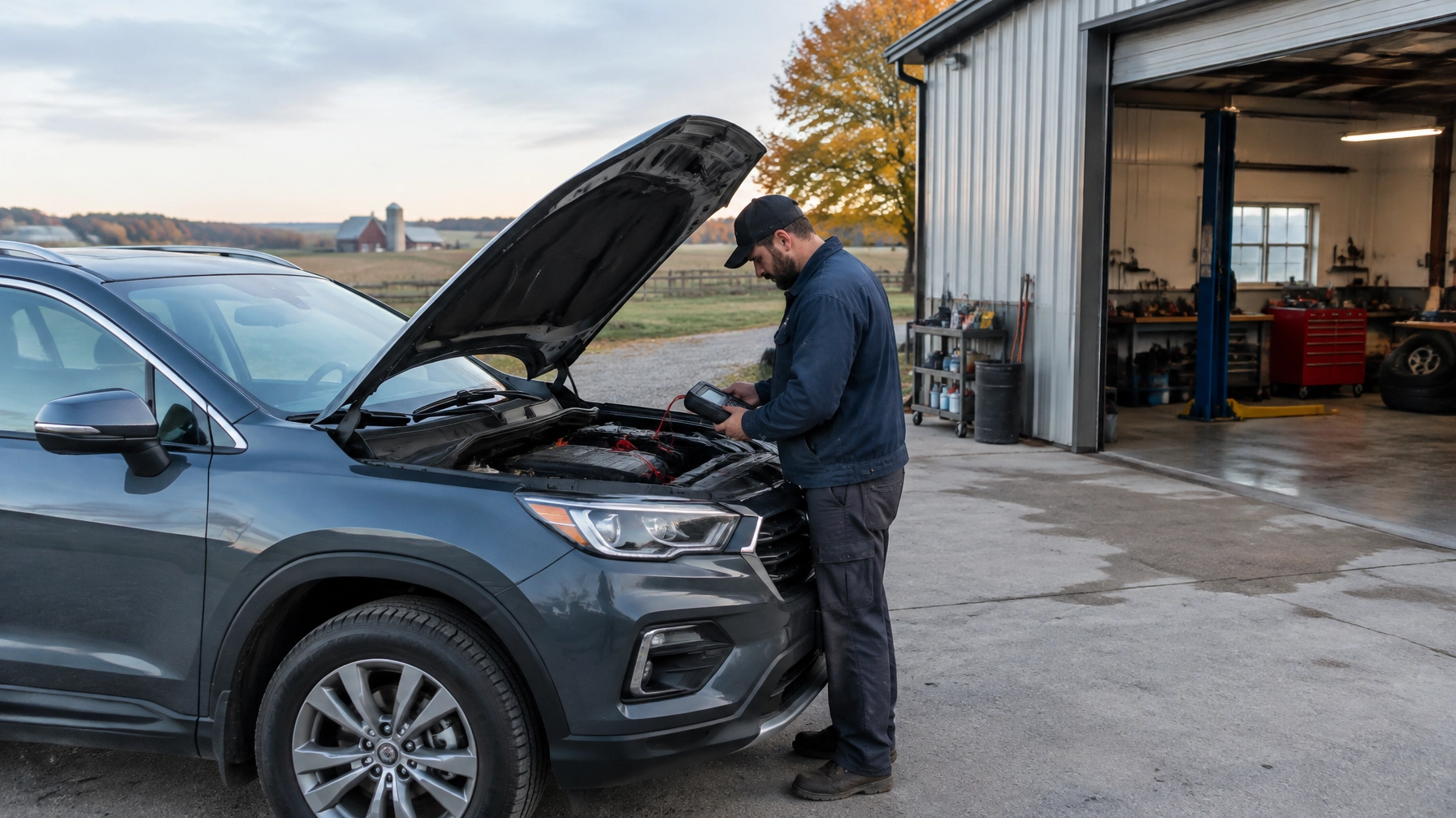 Technician inspecting a car engine at Premium Auto Repair Inc.