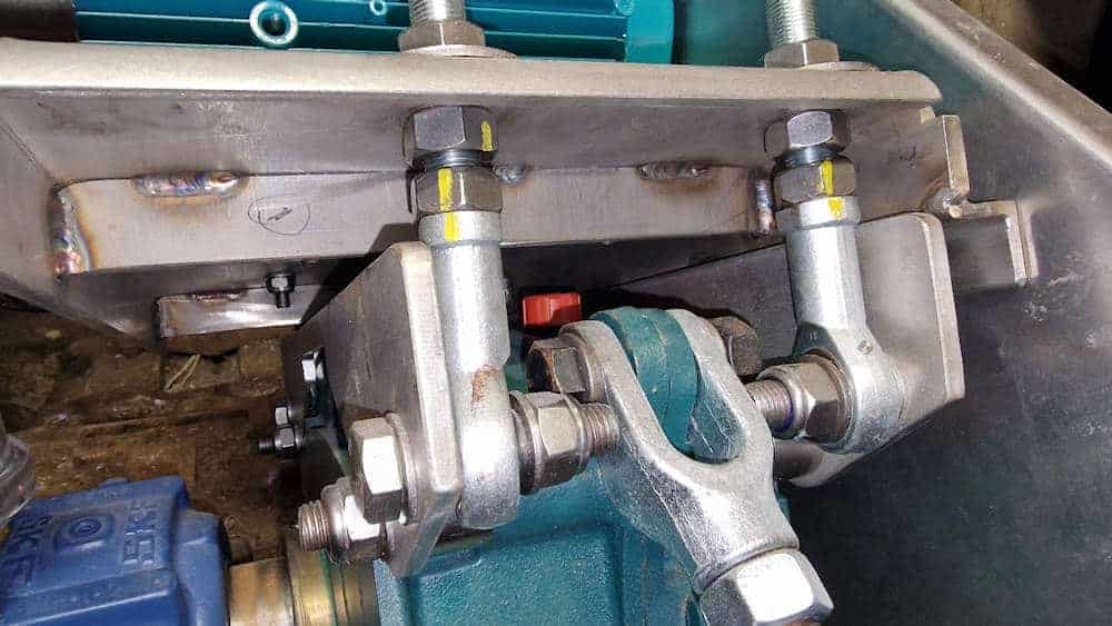Close-up of the torque-arm connecting to the gearbox